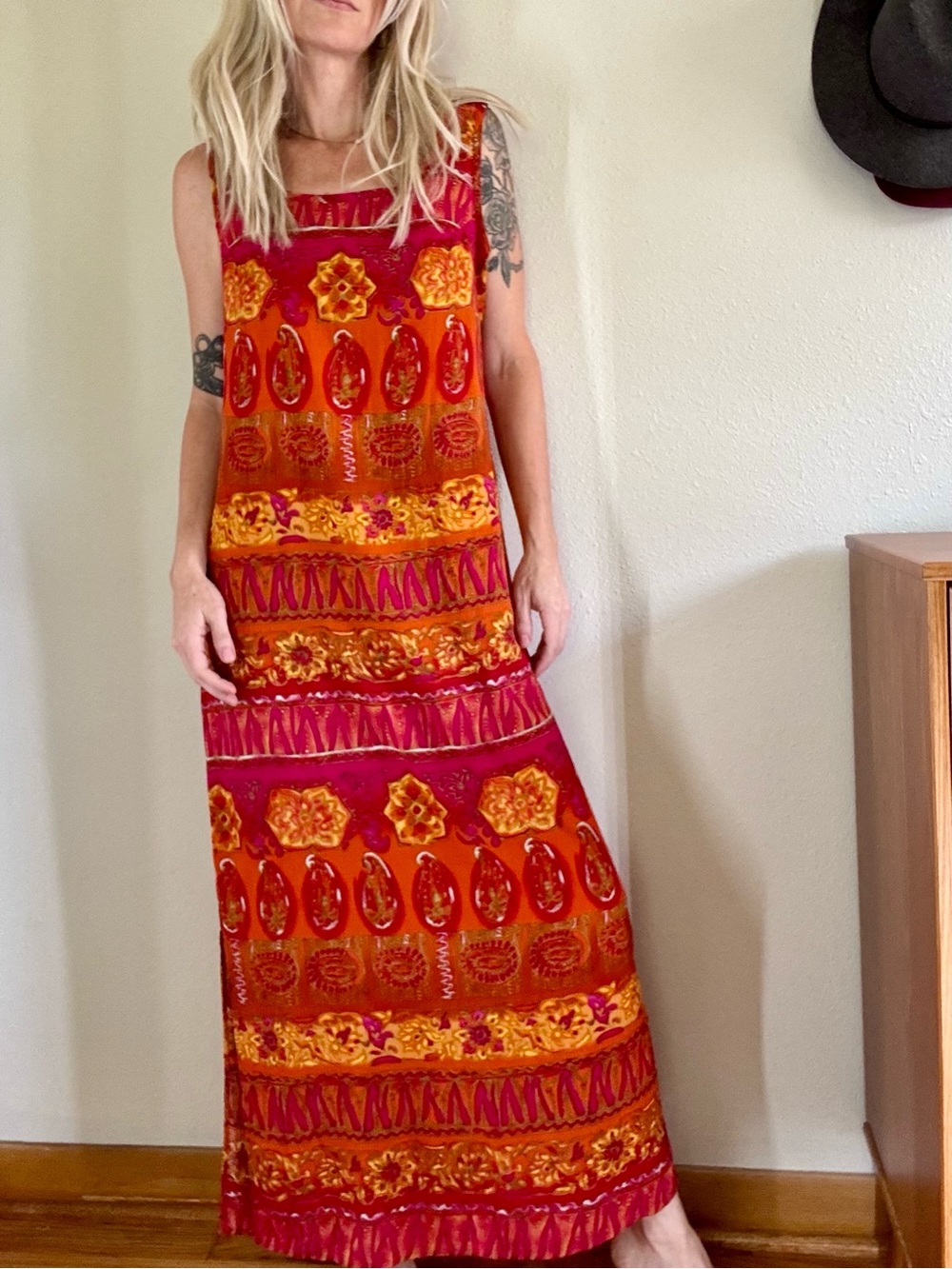VTG 90s California Concepts Column Maxi Dress 11 Orange Pink Boho Folk Paisley